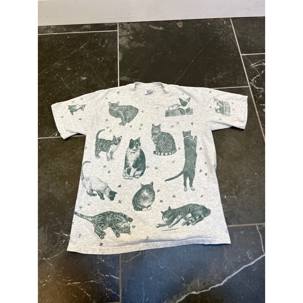 Vintage 90s Relevant Products All Over Print Cat T-Shirt Gray Mens Large AOP Tee